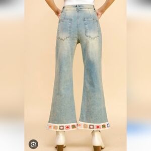 Davi & Dani Granny Crochet Hem Flare Wide-leg Jeans Boho Casual Hippie